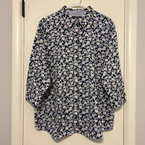 Ralph Lauren CHAPS Women's Plus No Iron Blue Floral Button-Front Shirt Top 1X